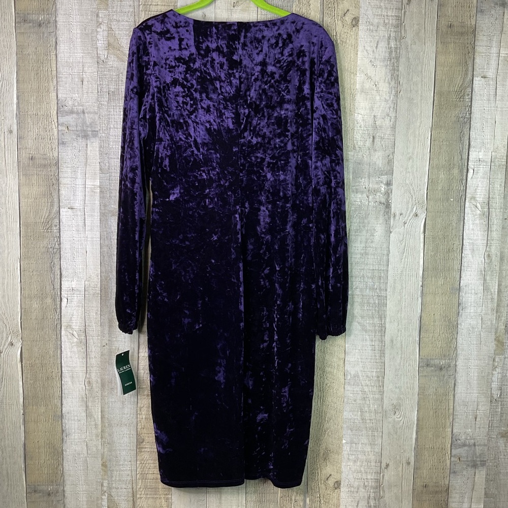 Lauren Ralph Lauren Size 12 Purple Velvet Sheath Surplice Faux Wrap Tie Dress - Picture 3 of 10